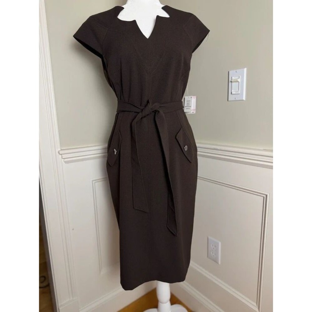Tahari Chocolate Brown Belted Midi Dress Size 6 NWT